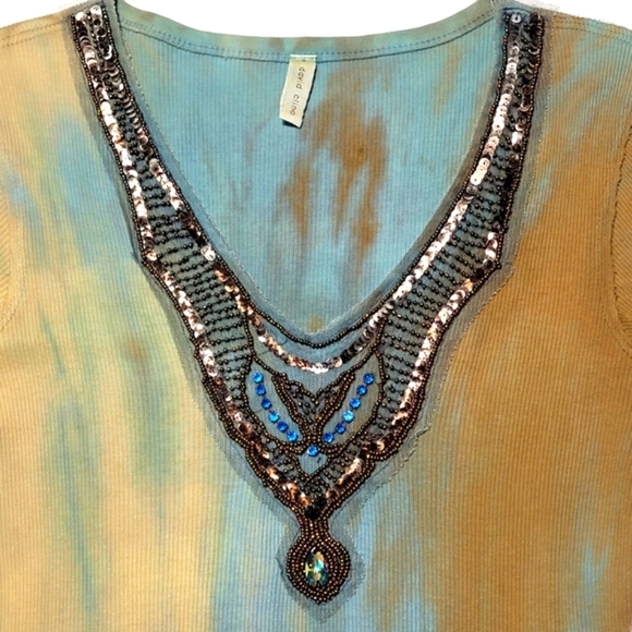 Tie-Dye Beads & Lace Ribbed Short Sleeve Grunge Fairycore Top Made in U.S.A. (S) - Picture 6 of 8